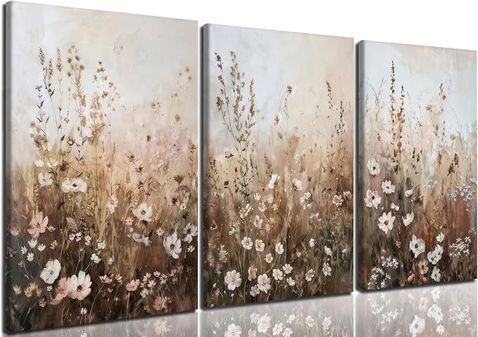 CHTEXA Wildflower Wall Art Canvas Set of 3, Rustic Neutral Botanical Prints by Unknown