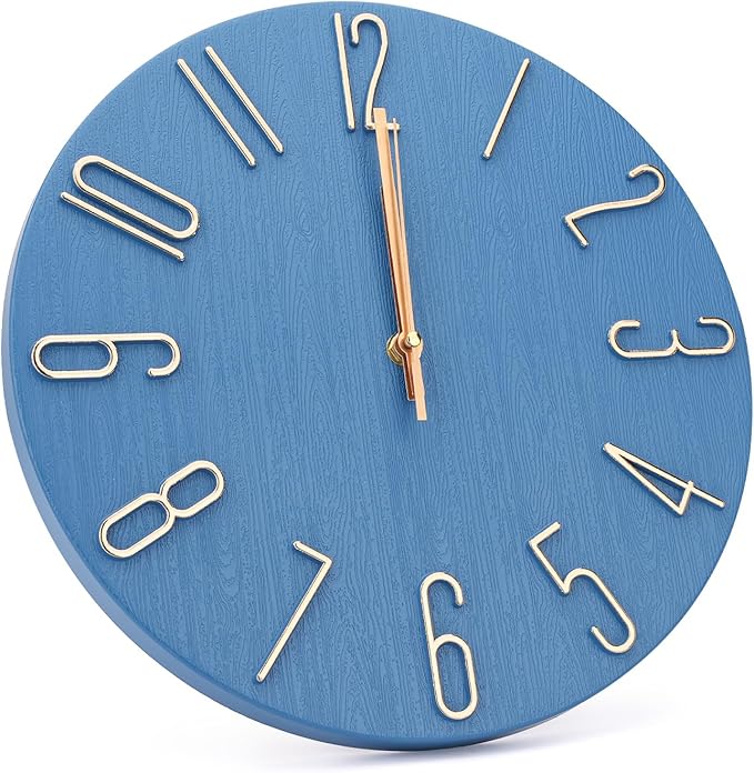 Wall Clock 12 Inch Silent Non-Ticking Imitation Wood Indoor Clock Round Blue - Image 2