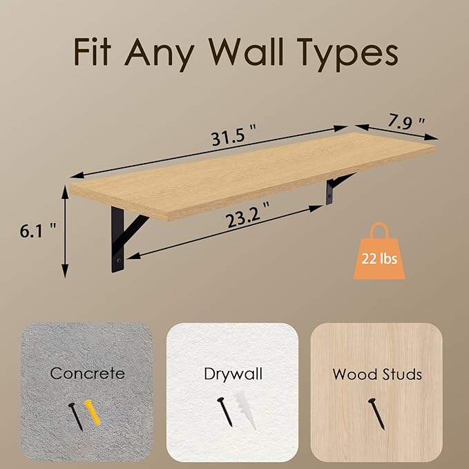 DINZI LVJ Long Wall Shelves, 31.5 Inch Wall Mounted Shelves Set of 2, - Image 3