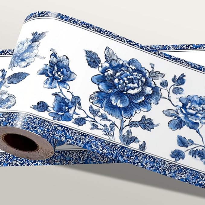 Blue Floral Wallpaper Border 196x4 Inch Vintage Peel and Stick Wall Border by IOHEFY
