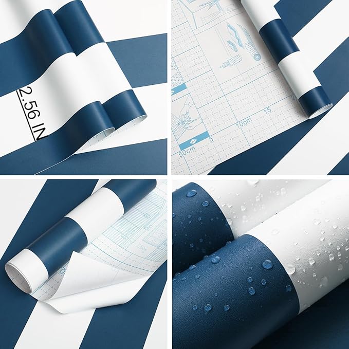 Guvana 118"x17.7" Blue and White Striped Contact Paper Navy Blue Peel and Stick - Image 5