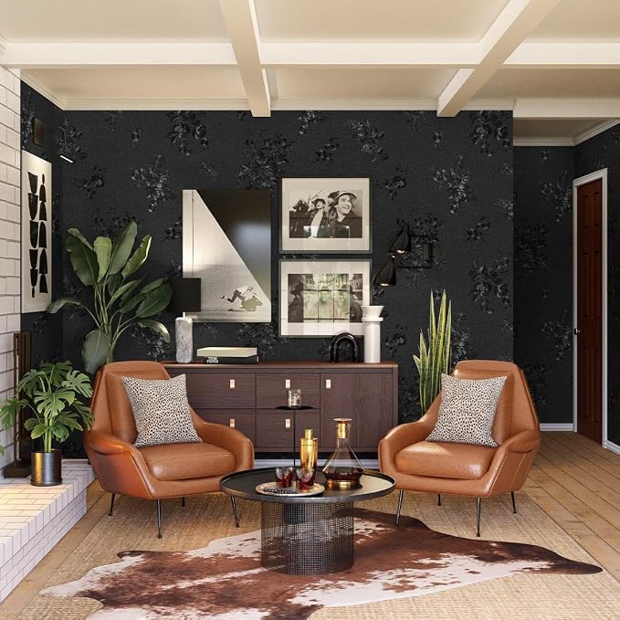 Black Peel and Stick Wallpaper Silk Embossed Floral Contact Paper - Image 6