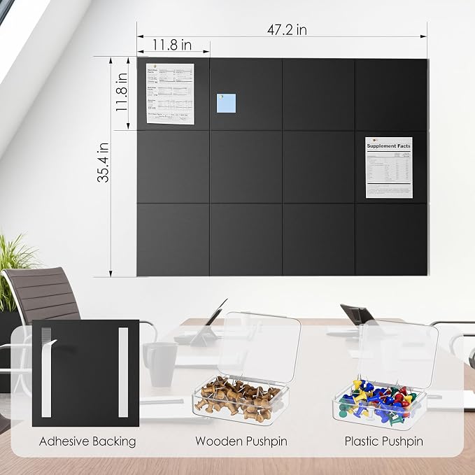 MaxGear Large Cork Board for Wall 48" x 36" Black Bulletin Board, 12 Pack Felt - Image 4