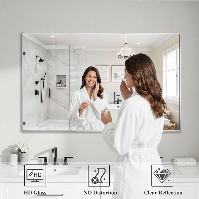 Koonmi Silver Rectangle Wall Mirror, 30x48 Inch Bathroom Mirror, Aluminum Frame - Image 3