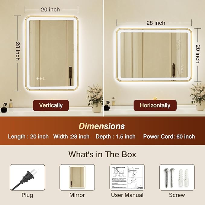 20x28 Inch Gold Framed LED Bathroom Mirror - Image 2