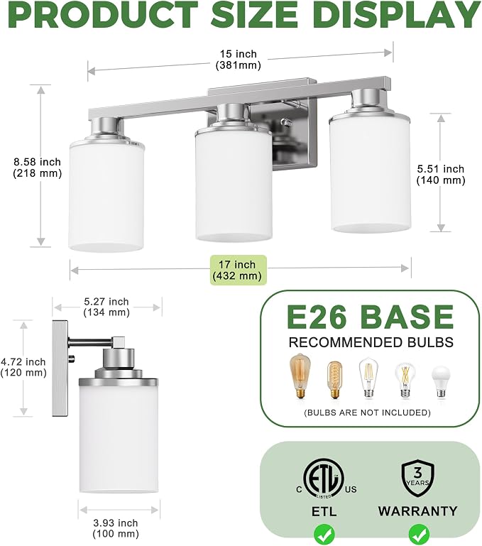 DORESshop 17 Inch Bathroom Light Fixtures, 3-Light Nickel Bathroom Lighting - Image 5