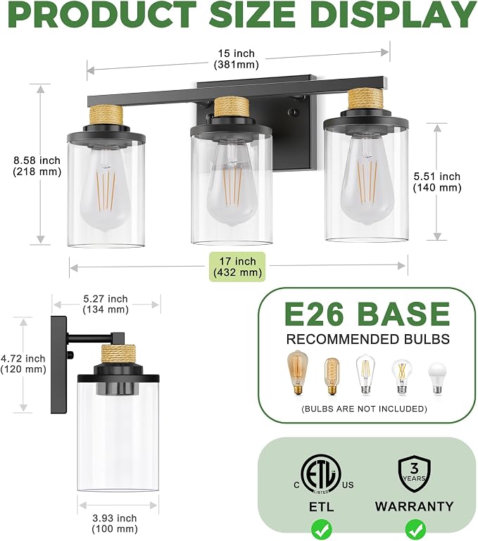 DORESshop 17 Inch Bathroom Light Fixtures, 3-Light Black & Rope Bathroom - Image 5