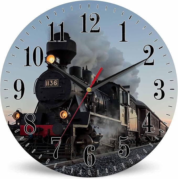 Mxocom Morning Train Wall Clock Old Steam Train Smoke Rairoad Sunrise 10 Inch by Mxocom