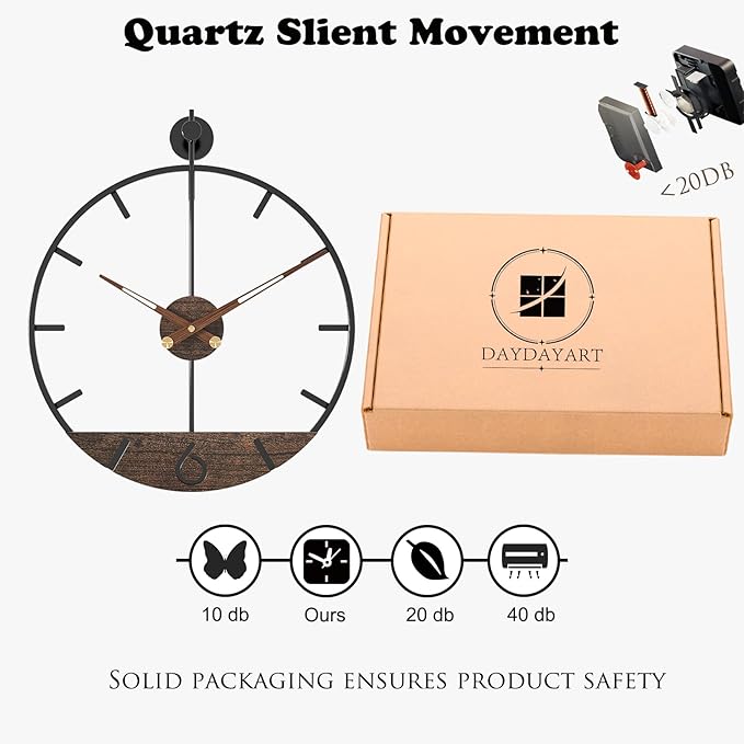 Modern Wood Walnut Dial Wall Clock, Large Simple Wall Decor Metal Frame Silent - Image 4