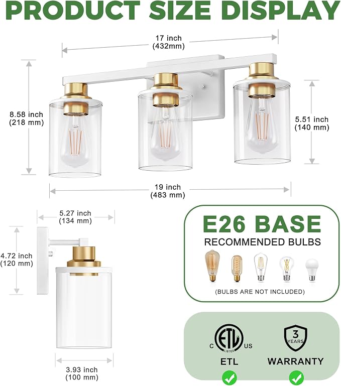 DORESshop 17 Inch Bathroom Light Fixtures, 3-Light White and Gold Bathroom - Image 5
