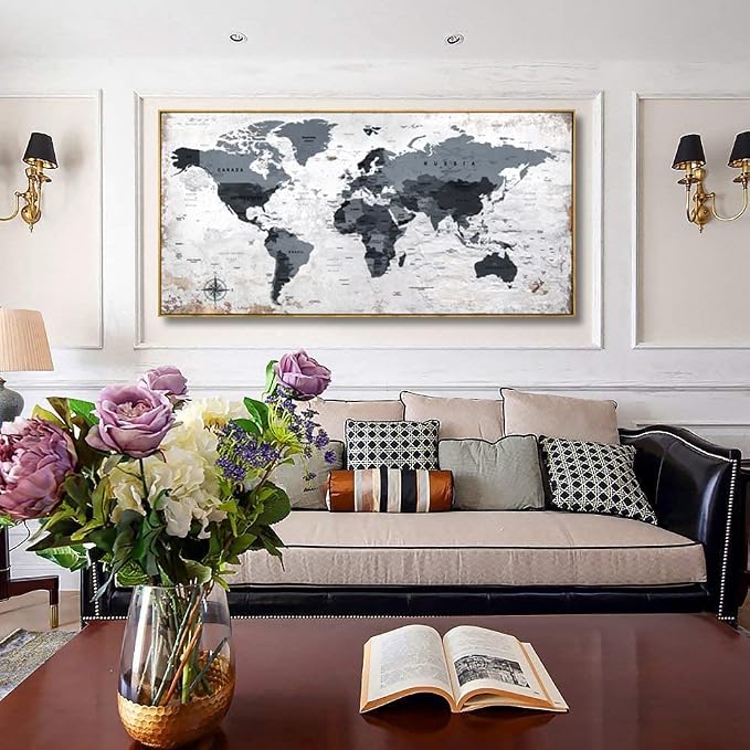 Framed wall art World Map Wall Art Canvas Picture 30inchx60inch Large Black and - Image 5