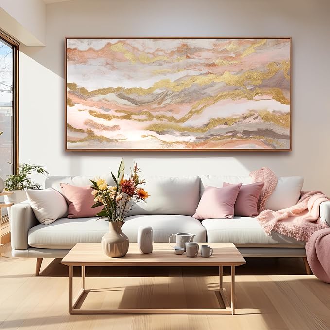 Abstract Pink Canvas Wall Art Framed Gold Abstract Line Artwork - Image 2