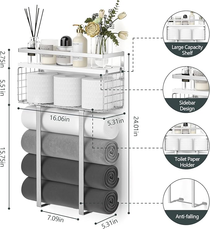Towel Racks for Bathroom, Bathroom Shelf Over Toilet, Floating Shelves - Image 3