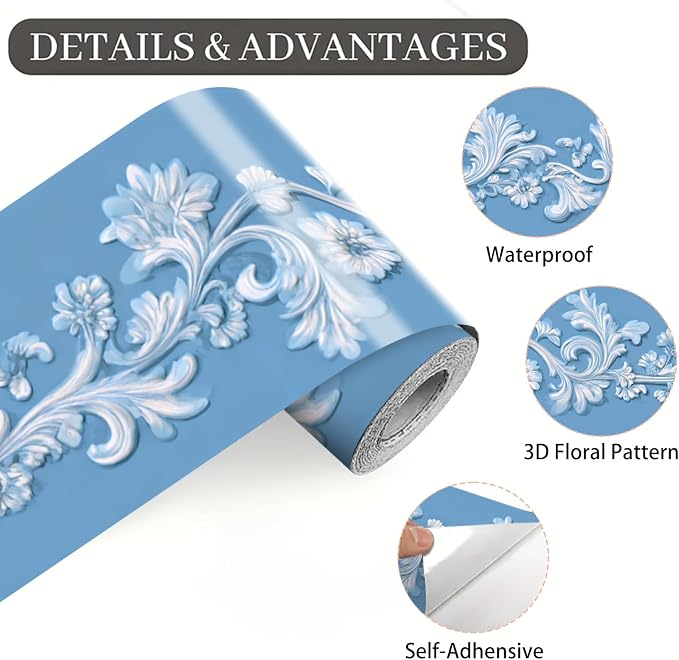 Blue Floral Wallpaper Border 196x4 Inch Peel and Stick Wall Border Elegant - Image 9