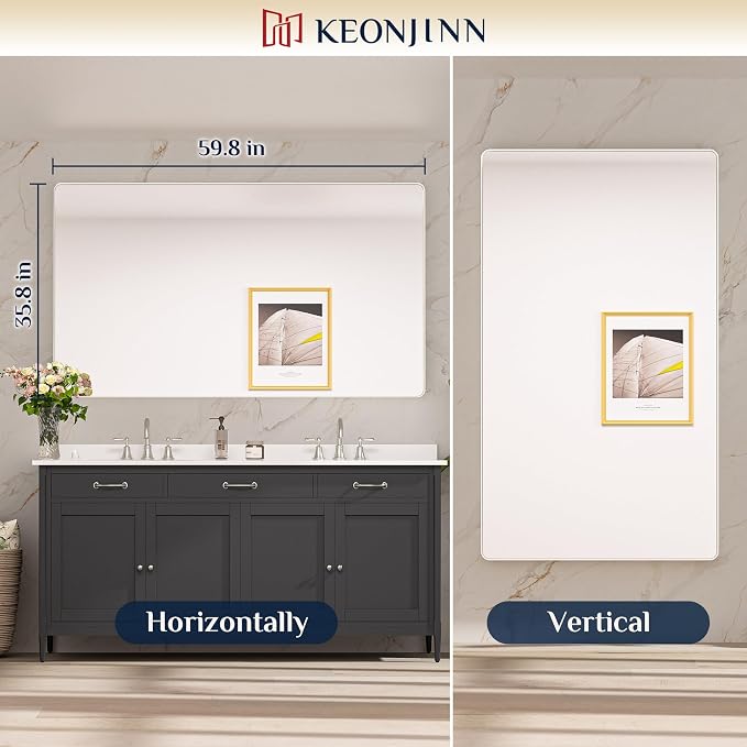 Keonjinn Brushed Nickel Mirror 60 x 36 Inch Large Silver Bathroom Mirror - Image 8
