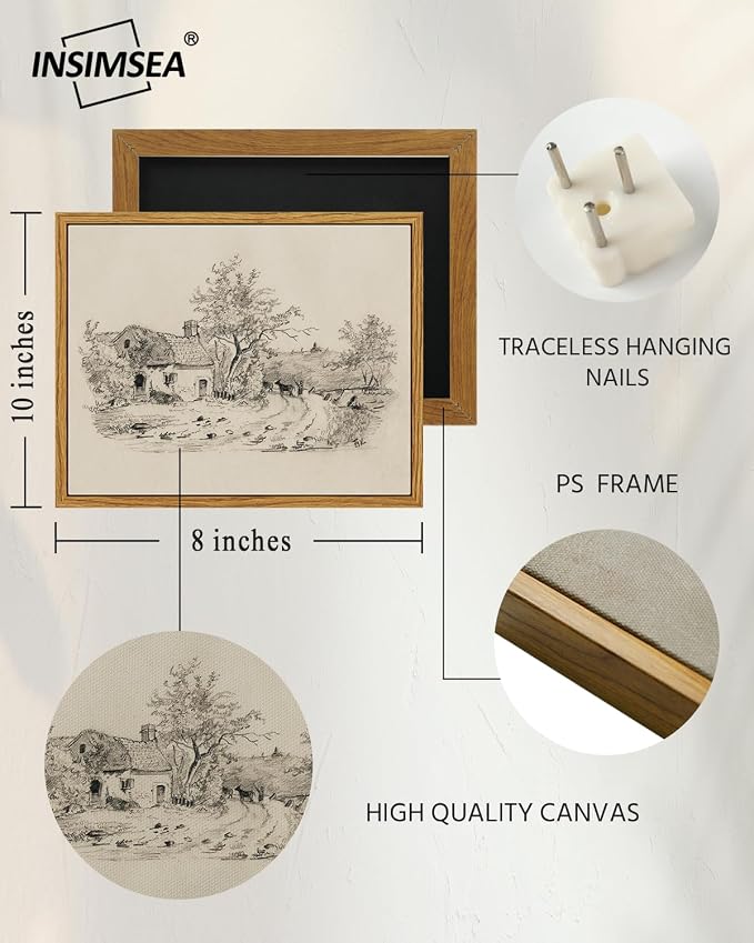 InSimSea Framed Canvas Wall Art, Vintage Sketch Landscape Painting, Rustic - Image 5