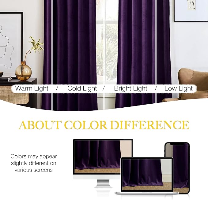 NICETOWN Purple Velvet Curtains 90 inches Long 2 Panels Set, Thermal Insulated - Image 3