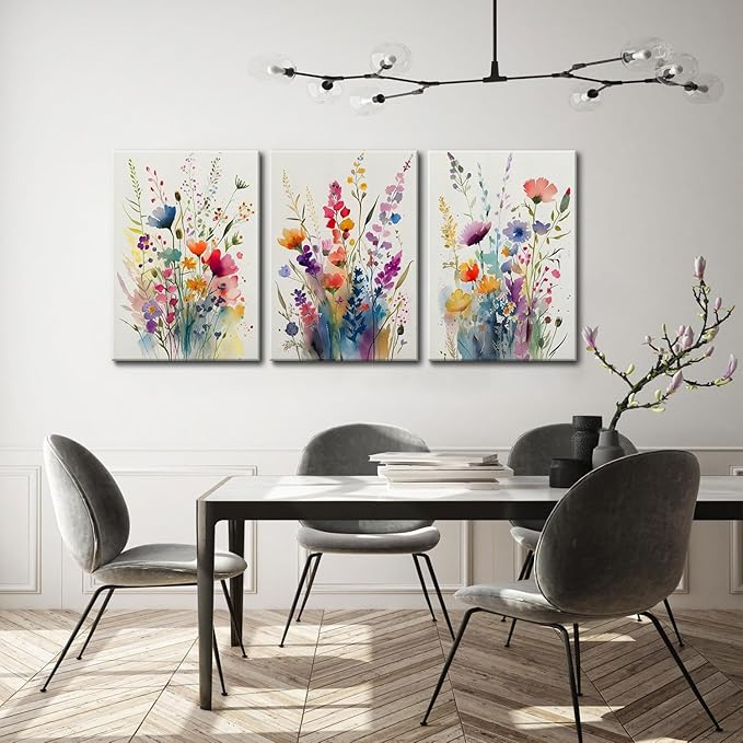 KISSFOX 3 Piece Canvas Wall Art Wildflowers Wall Decor Floral Pictures - Image 2