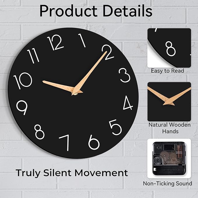 cicininc Wall Clock, 10 Inch Wooden Silent Non-Ticking, Decorative Battery - Image 4