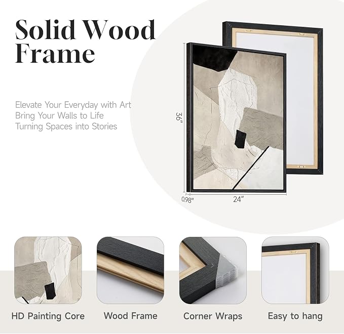 Framed Neutral Beige and Black Abstract Wall Art - Image 4