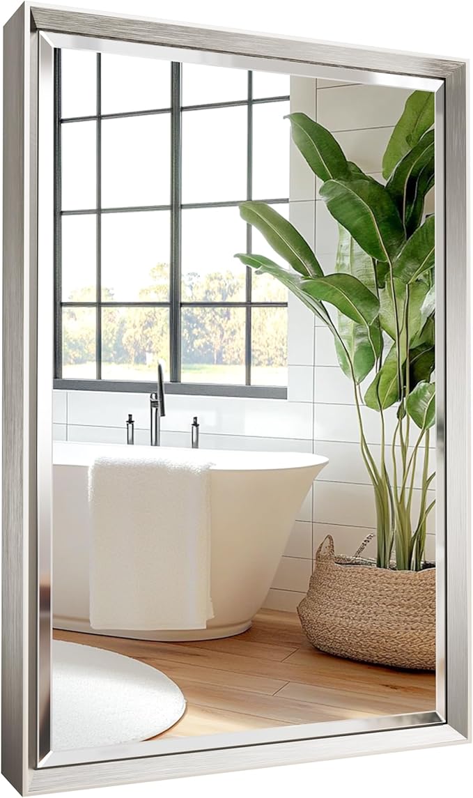 Silver Bathroom Mirror, Rustproof Rectangle Silver Framed Mirror by QUEENFUN