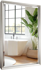 Silver Bathroom Mirror, Rustproof Rectangle Silver Framed Mirror by QUEENFUN