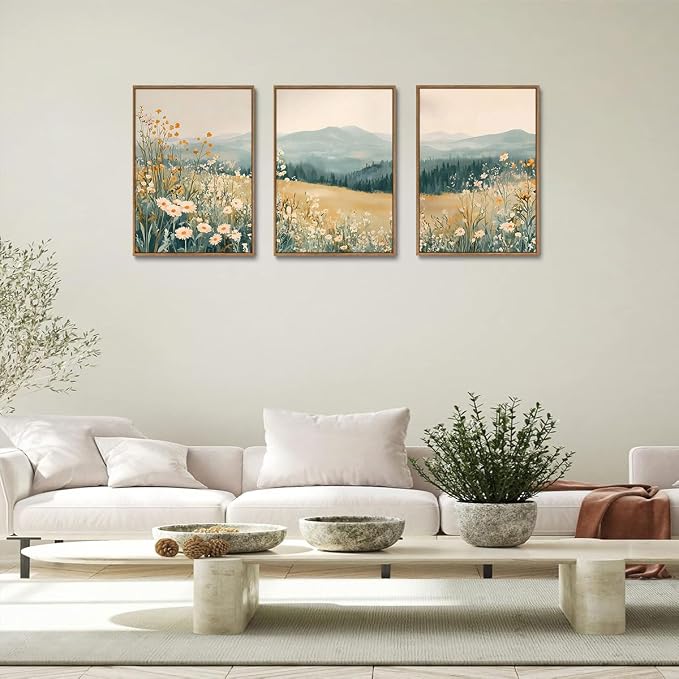 KISSFOX 3 Piece Framed Wall Art Floral Wall Decor Landscape Pictures Mountain - Image 3