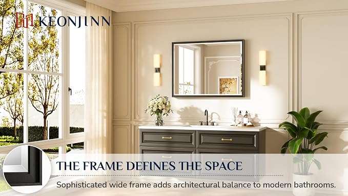 Keonjinn Black Framed Mirror 40" x 30", Decorative Aluminum Alloy Frame - Image 7