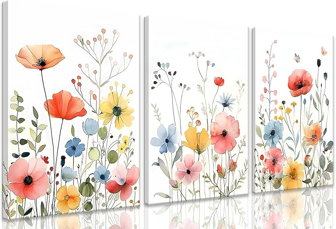 KISSFOX Framed Colorful Wildflower Canvas Wall Art Set Of 3 Flowers Pictures by KISSFOX