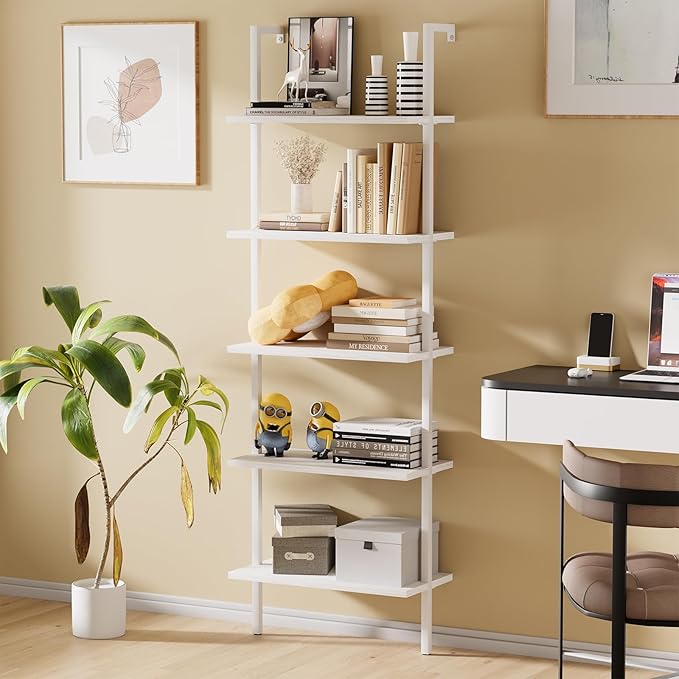 aboxoo Ladder Shelf 2 PCS White Bookshelf 5-Tier Wooden Open Shelf Wall-Mounted - Image 6