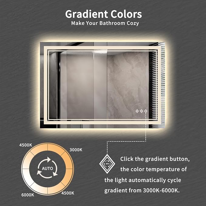 Bathroom Mirror, 44x30 Inch Gradient Front and Backlit Smart Mirror, 3 Colors - Image 3