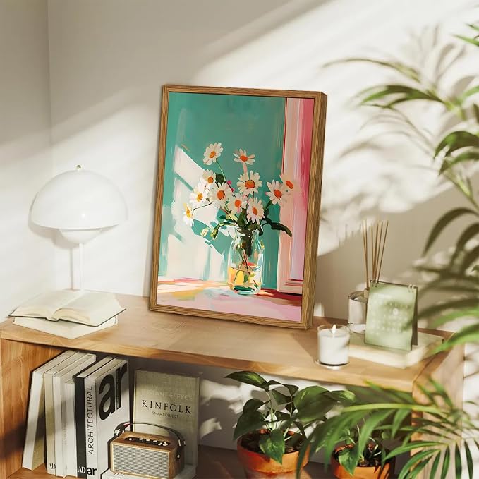 Framed Moody Floral Canvas Wall Art, Vintage Daisy Flower Pictures Wall Decor - Image 4