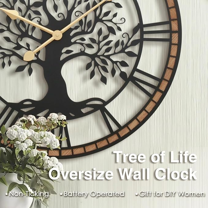 Micasso Rustic Oversize Wall Clock: 35Inch Farmhouse Tree of Life Metal - Image 8