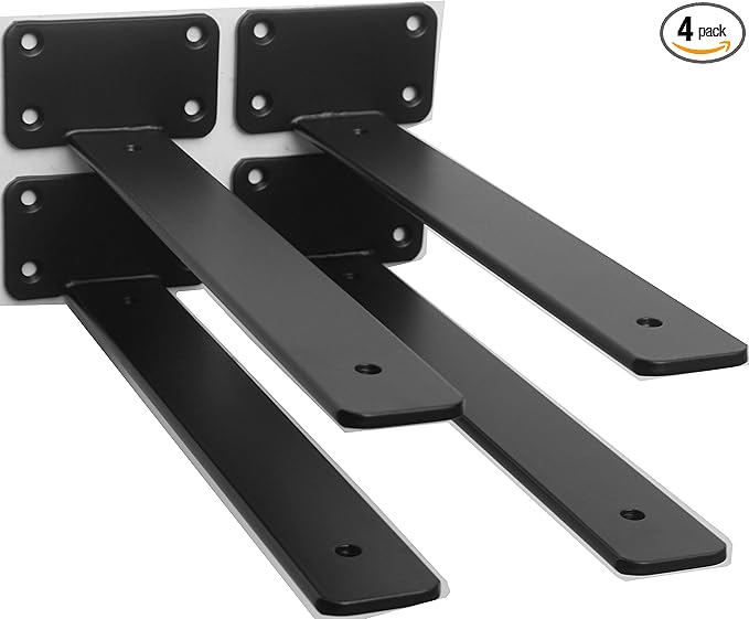 4 Pack - 10 inch Black Hidden L Shelf Bracket Iron Floating Shelf Brackets by MHMYDZ