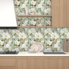 Modern Green White Flowers Wallpaper Blue Floral Peel and Stick Contact Paper - Image 4