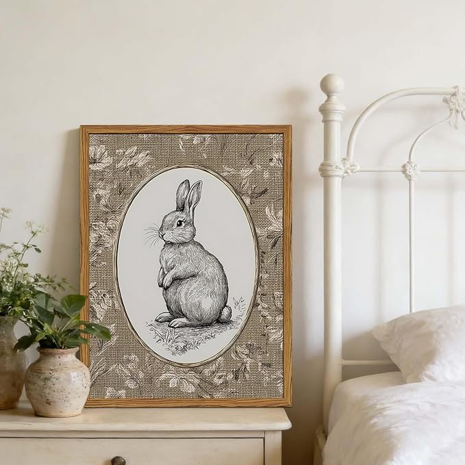 Framed Vintage Rabbit Wall Art, Cute Easter Bunny Pictures Wall Decor, Rustic - Image 4