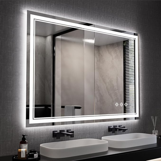 Bathroom Mirror, 44x30 Inch Gradient Front and Backlit Smart Mirror, 3 Colors by VanPokins-GlobalHighEndLEDBathroomMirrorBrand