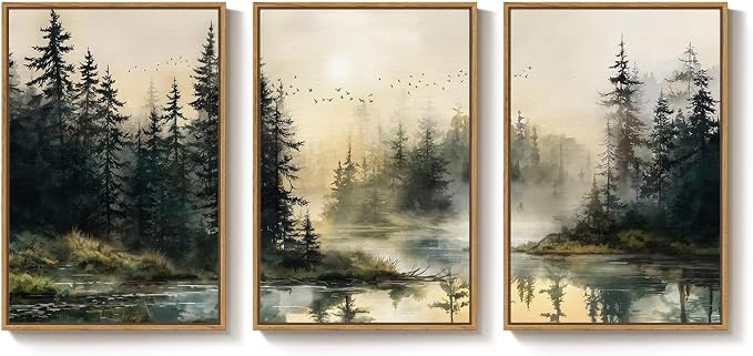Framed Forest Landscape Nature Wall Art Bedroom, 3 Piece Foggy Pine Tree Lake - Image 9