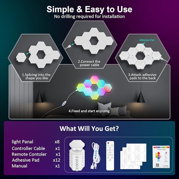 OJQ 8 Pack Hexagon Lights Wall RGB Panel - Image 7