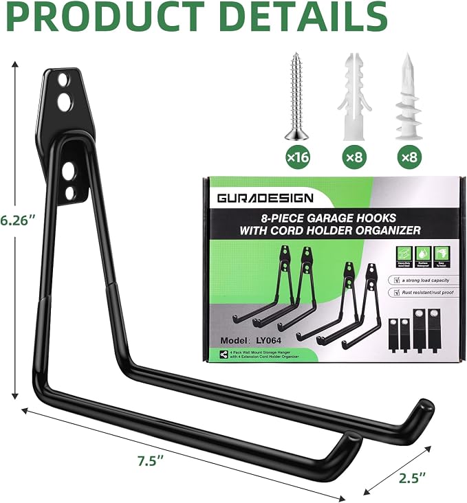 GURADESIGN 4-Piece Garage Hooks Wall Mount Storage Hanger - Image 3