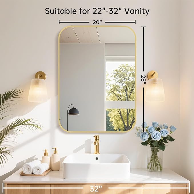 20x28 Inch Gold Bathroom Mirror, Brushed Brass Gold Metal Framed Rectangular - Image 7
