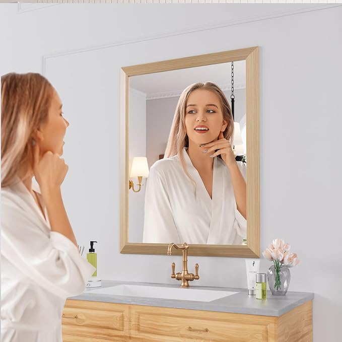 Amorho Bathroom Mirror, 28 X36 Inch Wall Mirror, Oak Wood Grain Metal Framed - Image 5