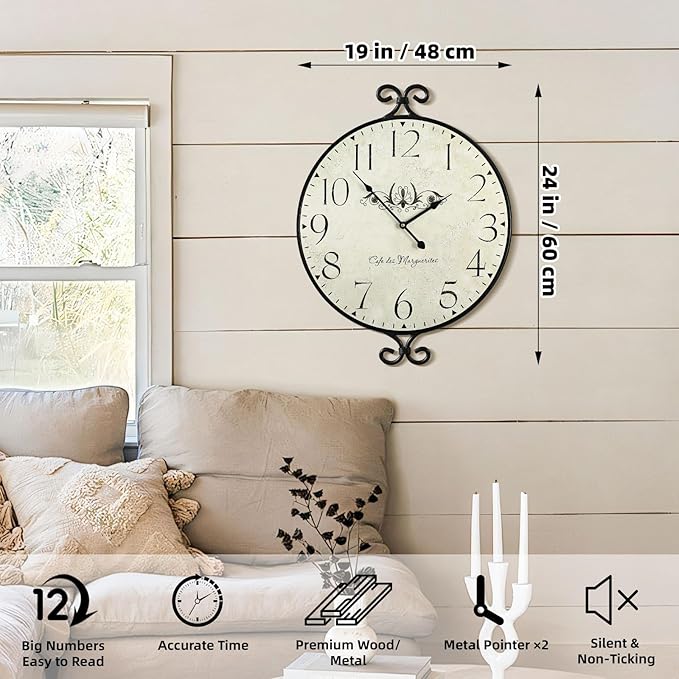 24 Inch Large Farmhouse Wall Clock, Wrought Iron Frame - Image 2