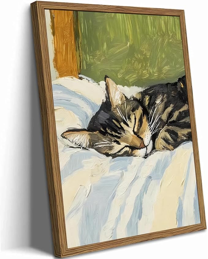 Cute Cat Wall Art, Vintage Tabby Cat Sleeping in Bed Wall Decor Painting by WARTHZwallart