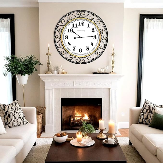 SwallowLiving 30 Inch Vintage Iron Large Black Metal Frame Wall Clock Silent - Image 5