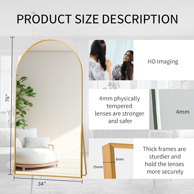 Beauty4U Arched Full Length Mirror 76" x 34", Floor Standing & Wall Mounted HD - Image 2