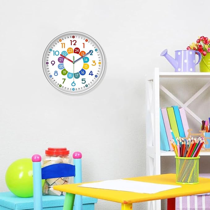 XFM Colorful Kids Wall Clock for Bedroom 14 Inch Round Learning Clock - Image 2