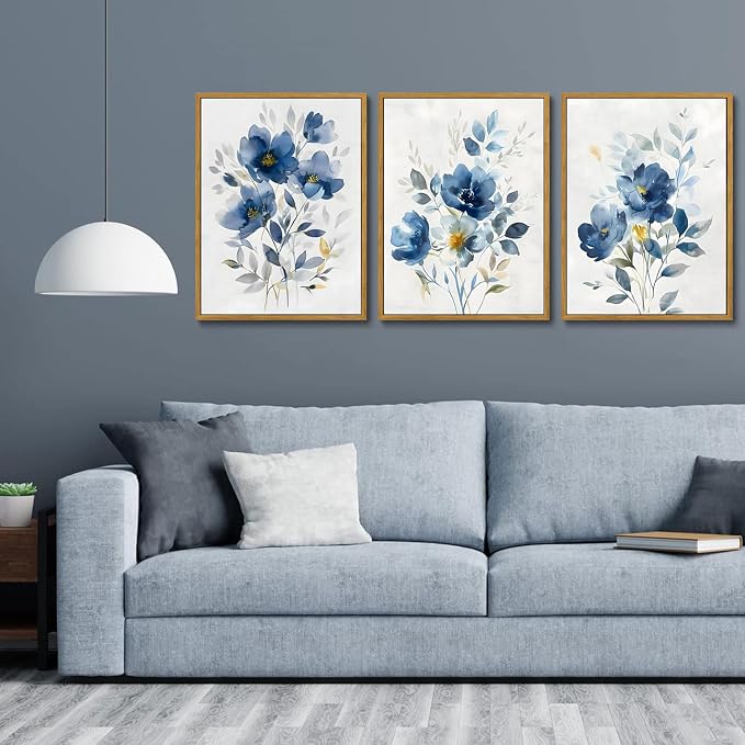 KISSFOX Framed Colorful Wildflower Blue Canvas Wall Art Set Of 3 Flowers - Image 4