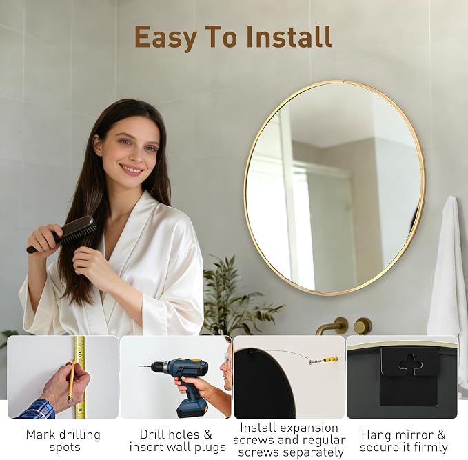 NEWBULIG 24 Inch Round Wall Mirror, Bathroom Mirror - Image 5
