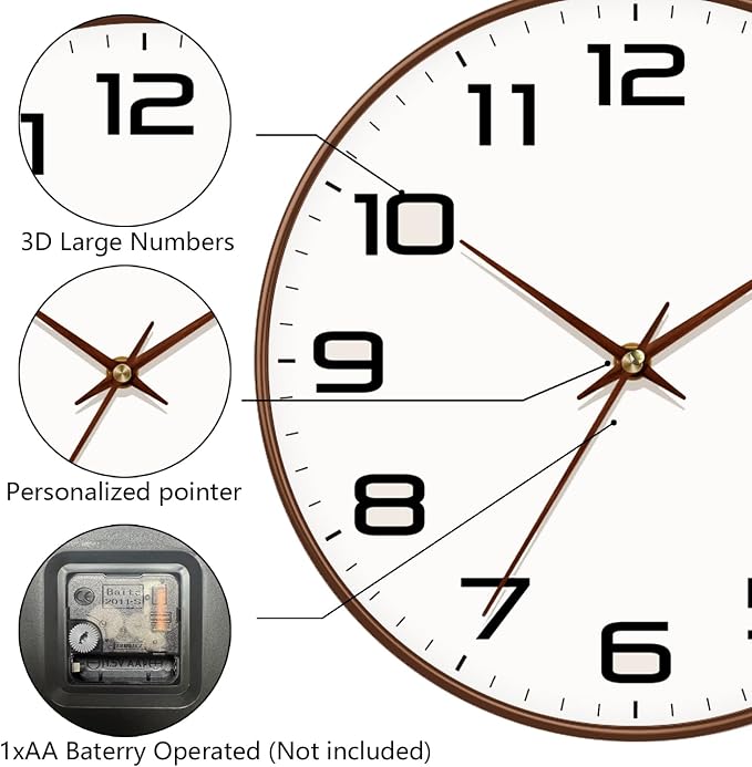 Woodgrain Wall Clocks Battery Operated 12 Inch, Large Easy-to-Read Silent - Image 7
